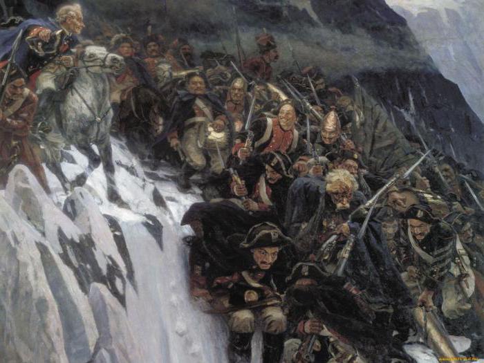 Surikov "Suvorov cruza los Alpes": heroísmo de los soldados rusos durante la campaña suiza